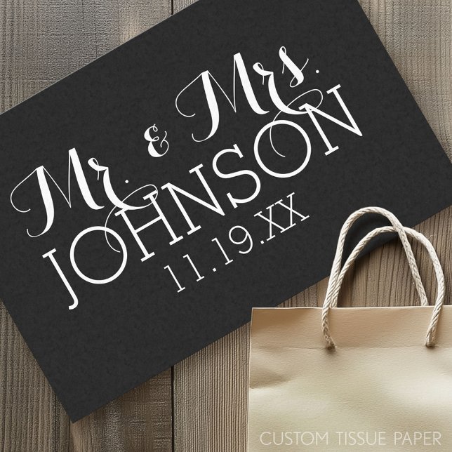 Papier Mousseline Faveurs de mariage noir uni Mr & Mrs (Custom Tissue Paper)