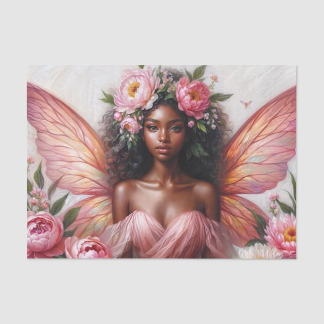 Papier Mousseline Fée Brown avec ailes et pivoines roses (Recto)