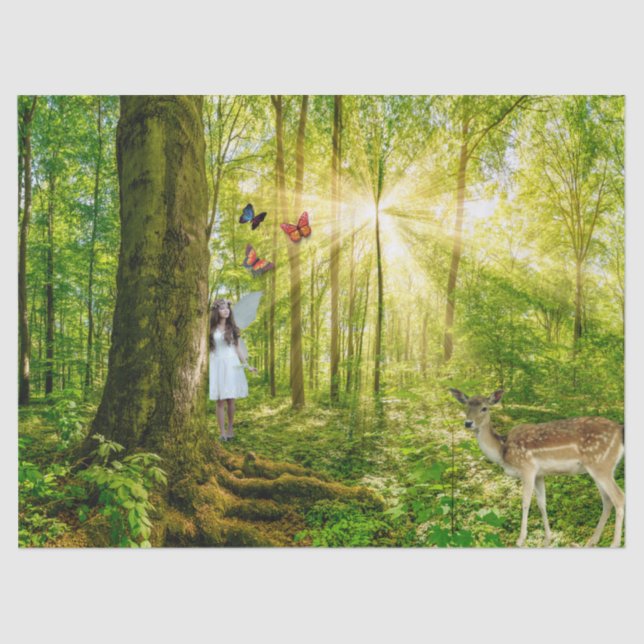 Papier Mousseline Fée dans la forêt magique avec Bambi et papillon (Recto)