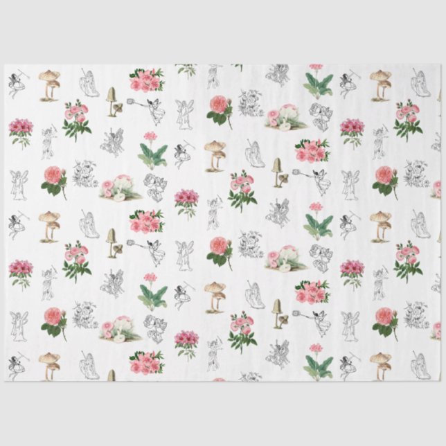 Papier Mousseline Fées Rose Floral & Champignons Motif de fées (Recto)