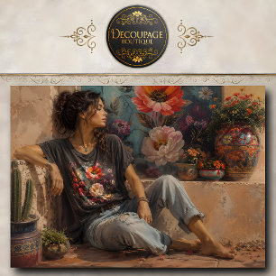 Papier Mousseline Femme Boho en Jean à Côté de Pots de Fleurs Coloré