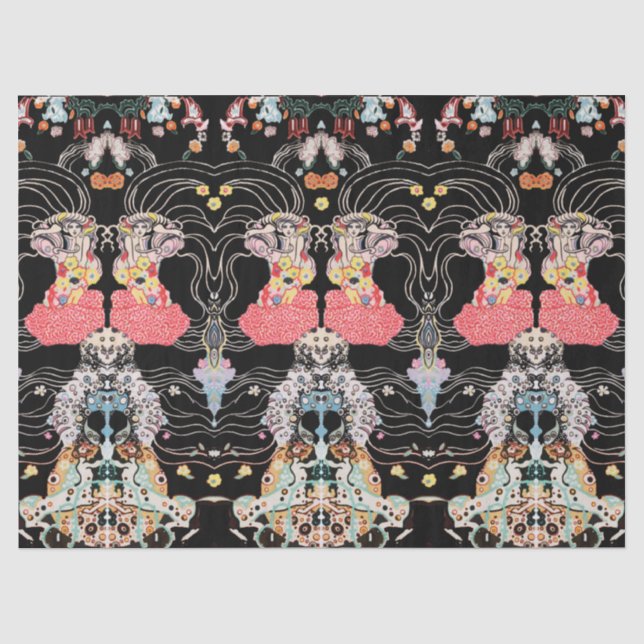 Papier Mousseline FEMME, CENTAUR FLORAL Rouge Noir Blanc Motif Klimt (Recto)