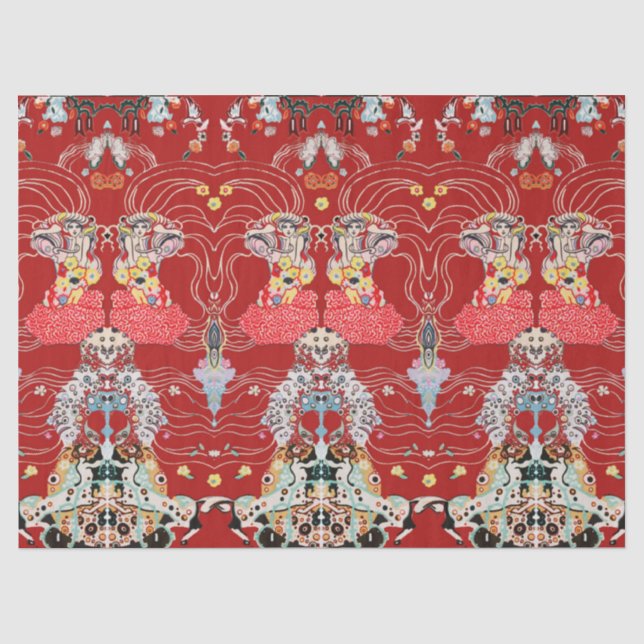 Papier Mousseline FEMME, CENTAUR FLORAL Royal Rouge Blanc Klimt Moti (Recto)