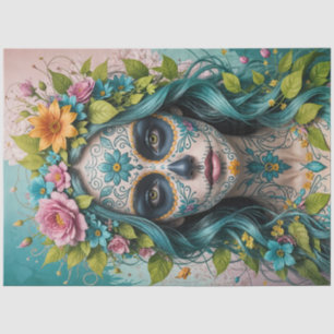 Papier Mousseline Femme crâne de sucre avec fleurs - Découpage gothi