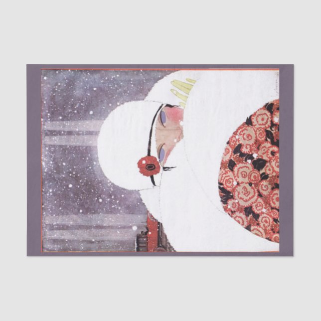 PAPIER MOUSSELINE FEMME DANS LA NEIGE, MODE DE BEAUTÉ HIVER (Recto)