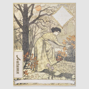 Papier Mousseline Femme de jardin automnal Art Nouveau vintage de no