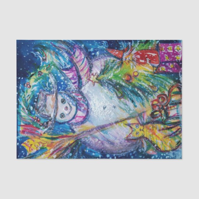 PAPIER MOUSSELINE FEMME DE NEIGE AVEC ARBRE DE NOËL ET JOUETS (Recto)