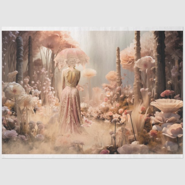 Papier Mousseline Femme élégante et parasol, fleurs sauvages roses (Recto)