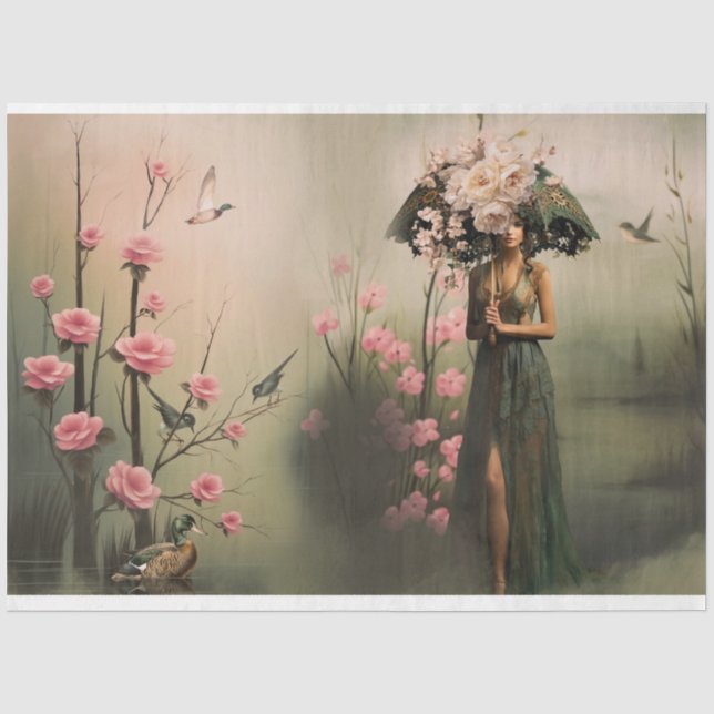 Papier Mousseline Femme élégante, Misty Lake Bird & Floral Portrait (Recto)