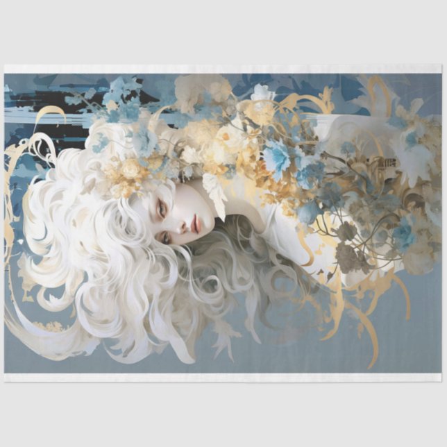 Papier Mousseline Femme exotique avec découpage de cheveux blancs fl (Recto)