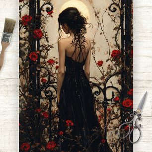 Papier Mousseline Femme gothique en robe noire parmi les roses rouge