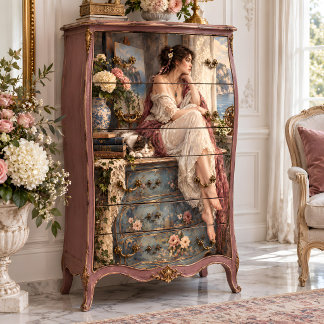 Papier Mousseline Femme méditerranéenne avec chat et hortensias 
