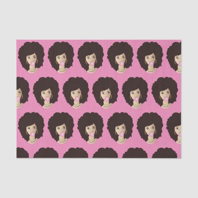 Papier Mousseline Femme noire, Cheveux naturels, Bubblegum rose, Ros (Recto)
