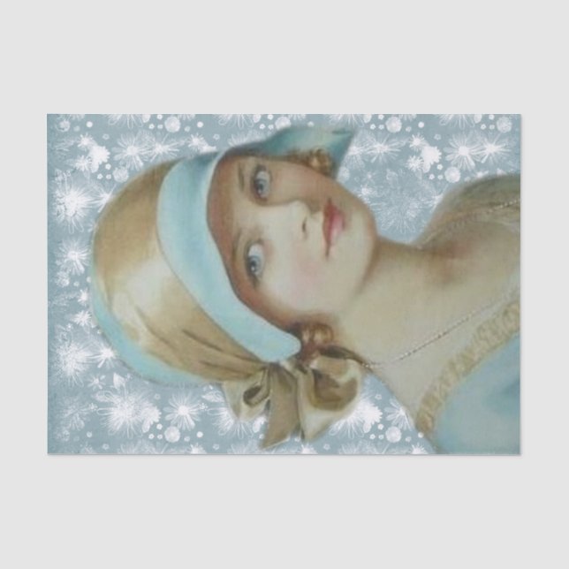 Papier Mousseline Femme victorienne en bleu clair Casquette et robe (Recto)