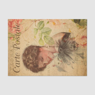 Papier Mousseline Femme vintage avec chatte mignonne Floral Français