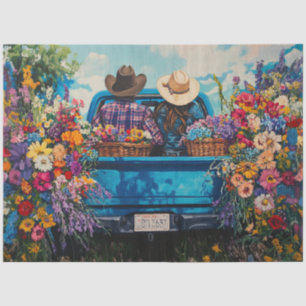 Papier Mousseline Ferme à fleurs Couple Camion Vintage Decoupage