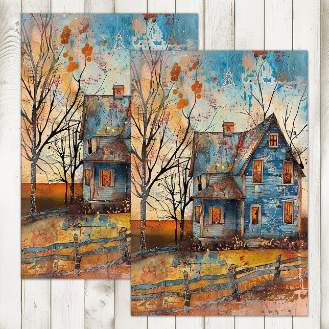 PAPIER MOUSSELINE FERME BLEUE SHABBY DANS DÉCOUPAGE D'AUTOMNE (SHABBY BLUE FARMHOUSE IN AUTUMN DECOUPAGE TISSUE PAPER)