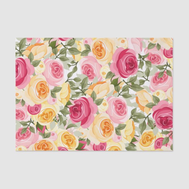 Papier Mousseline Ferme Fleurs Roses Roses Jaunes Chic Shabby Floral (Recto)