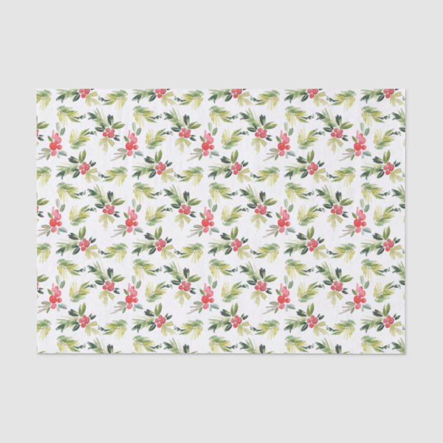 Papier Mousseline Festif Aquarelle Holly Noël Motif (Recto)