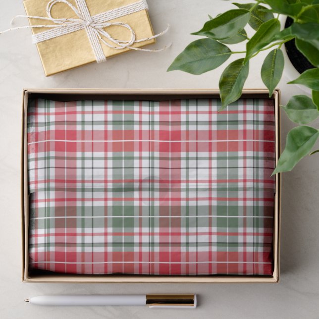 Papier Mousseline Festif Noël Tartan Rouge Vert Motif (Cadeau)