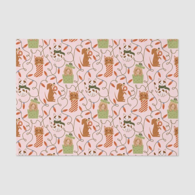 Papier Mousseline Festive Chat Chien Noël Éclairage rose (Recto)