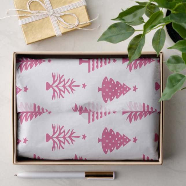 Papier Mousseline Festive Pink and White Christmas Tree Pattern (Cadeau)
