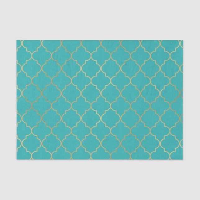 Papier Mousseline Fête avec motif quatrefeuilles sarcelle et or (Recto)