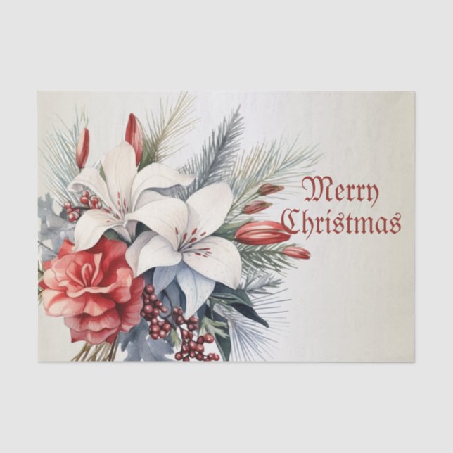 Papier Mousseline Fête de Noël Blanc Fleurs rouges Vacances Élégante (Recto)