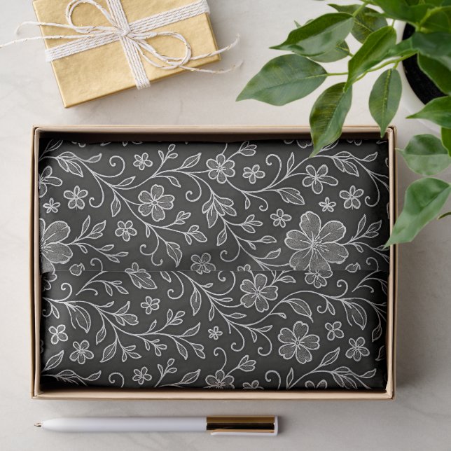 Papier Mousseline Feuille Classé Floral Art Motif sur gris noir (Cadeau)