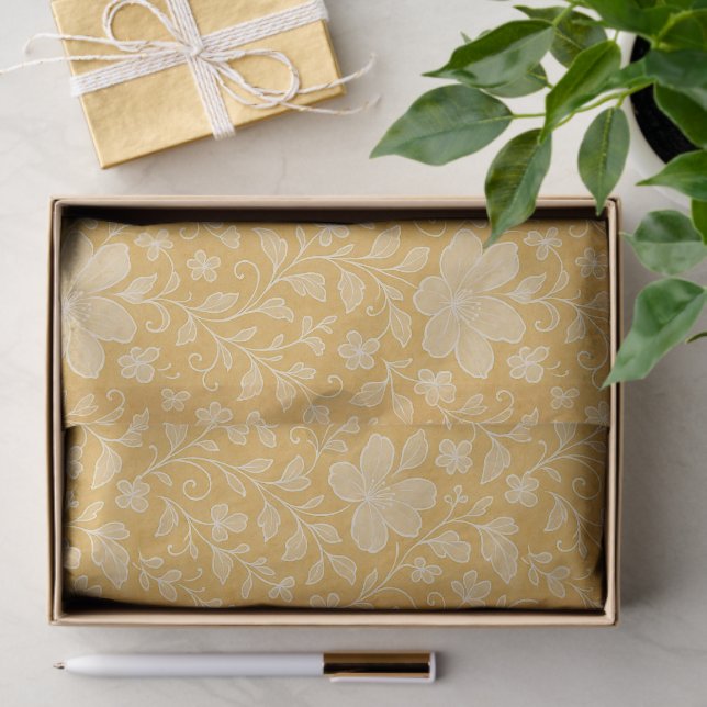 Papier Mousseline Feuille Classique Floral Art Motif Sur Ochre Jaune (Cadeau)