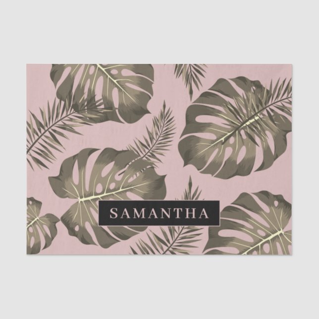 Papier Mousseline Feuille Tropical Pink & Gold Palm Motif et nom (Recto)