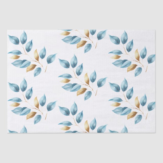 Papier Mousseline Feuilles Aqua Blue Gold (Recto)