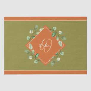 Papier Mousseline Feuilles automnales orange et vert monogramme