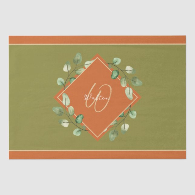 Papier Mousseline Feuilles automnales orange et vert monogramme (Recto)