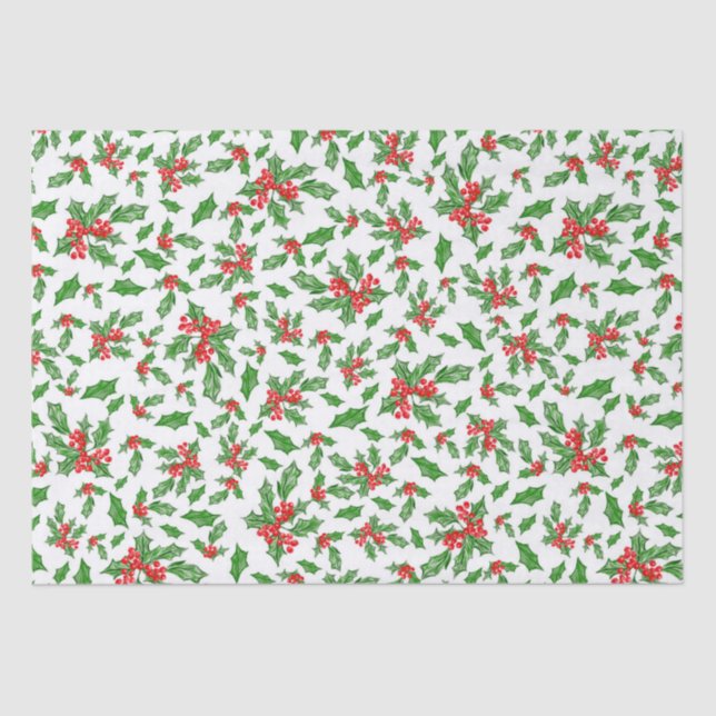 Papier Mousseline Feuilles et baies de Noël rouges et verts (Recto)