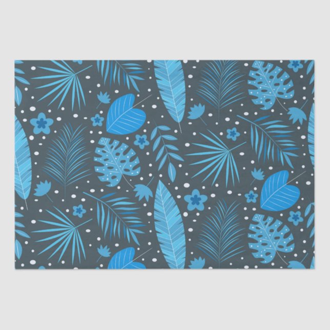 Papier Mousseline Feuilles et Motifs de fleurs exotiques bleus (Recto)