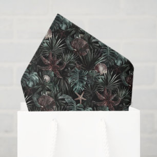 Papier Mousseline Feuilles Tropicales Vertes Etoiles de Mer Coquilla