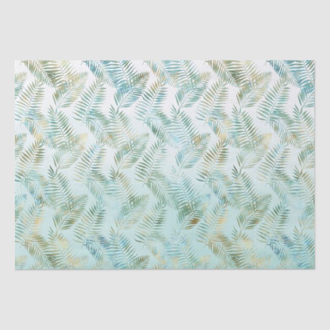 Papier Mousseline Feuilles tropicaux Gold Aqua Green (Recto)