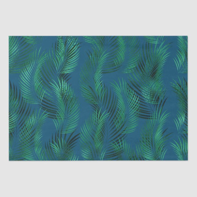 Papier Mousseline Feuilles verts bleus tropicaux (Recto)