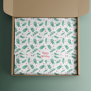 Papier Mousseline Feuilles verts et baies rouges Motif de Noël blanc