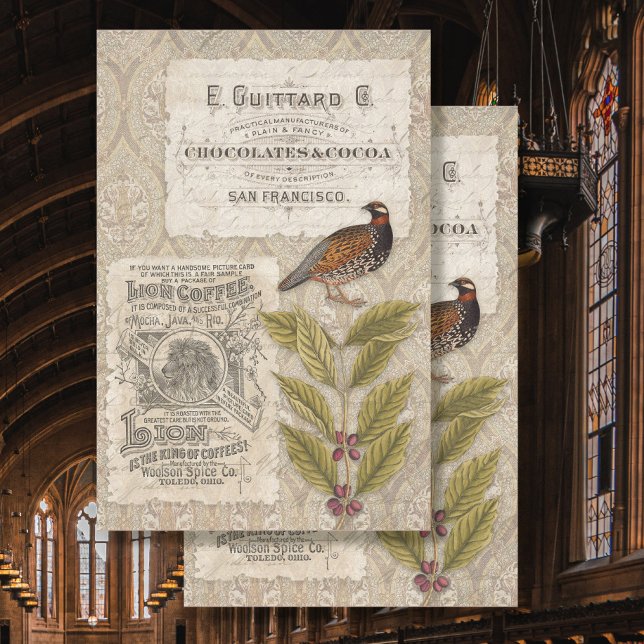 Papier Mousseline Fèves de café Ephemera Bird Masculine Tan Decoupag (Créateur téléchargé)
