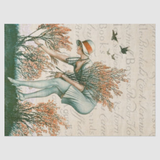 Papier Mousseline Fille à la pomme, ramassant des fleurs.