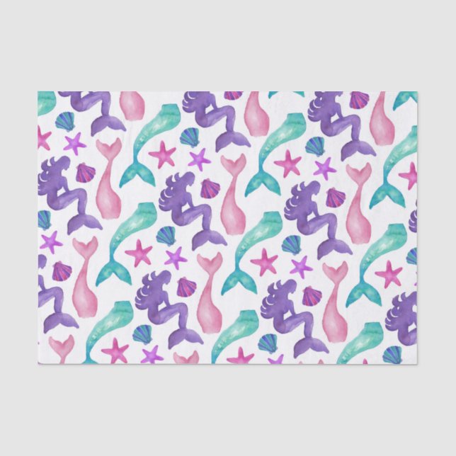 Papier Mousseline Fille Aquarelle Mermaids Contes Coquillages Motif (Recto)