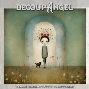 Papier Mousseline Fille avec chat noir et coquelicots rouges - décou