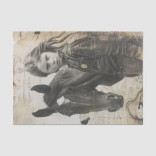 Papier Mousseline Fille avec cheval Western Découpage Vintage