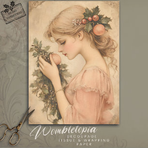Papier Mousseline Fille de Noël Vintage avec Holly & Ornaments