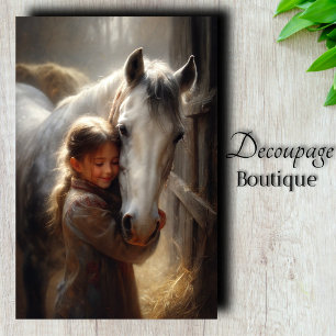 Papier Mousseline Fille Enlaçant un Cheval Blanc Découpage