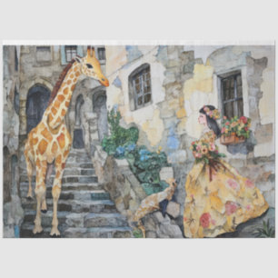 Papier Mousseline Fille et Giraffe Aquarelle Collage 1