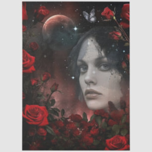 Papier Mousseline Fille gothique sombre Roses rouges & Lune Art abst