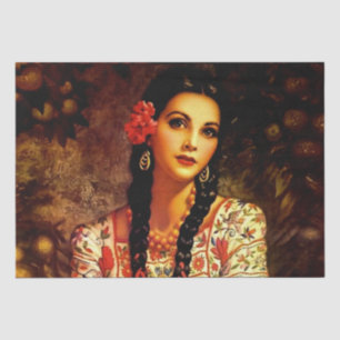 Papier Mousseline Fille pin-up vintage mexicaine aux longues tresses